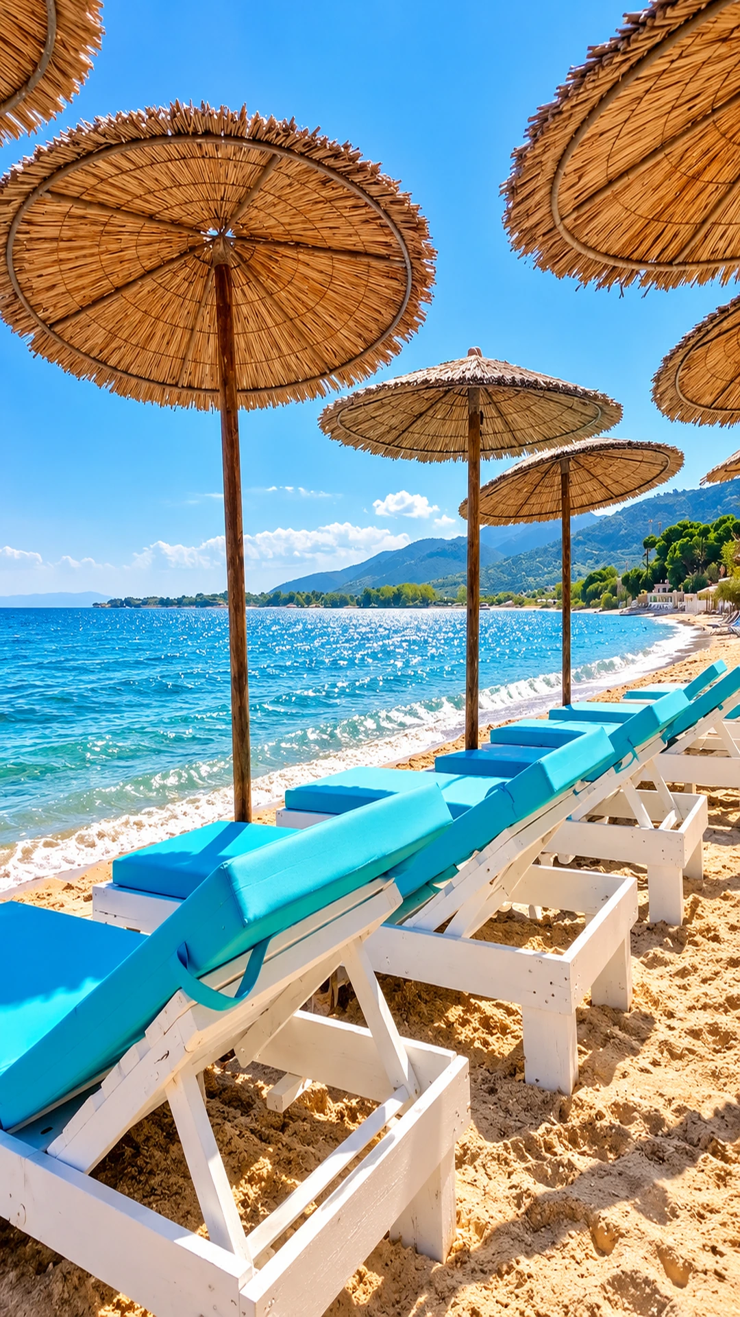 Straw parasols and turquoise sunbeds beside the beach